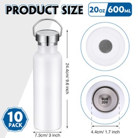 Mimorou 10 Pack Insulated Water Bottle 20 oz Stainless Steel Sport Bottle Bulk Double Wall Metal Reusable Flask with Leakproof Lid of Handle for Travel Cyclists School Gift(White)