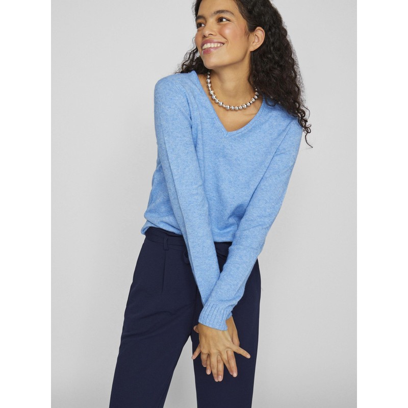 Vila Women's Viril V-Neck L/S Knit Top Noos, Blissful Blue