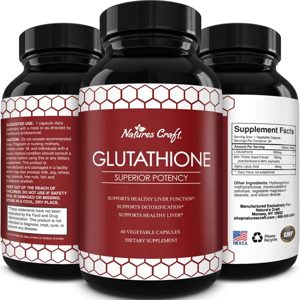 Pure Glutathione Supplement Natural Skin Whitening Pills for Men and Women Pure Antioxidant for Anti Aging Benefits 500 mg Reduced Form Glutathione with Milk Thistle Extract 60 Caps