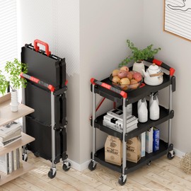 Yenntrss Foldable Service Utility cart,3 Tier Collapsible Cart with 360° Swivel Wheels,Ergonomic Handle Portable Tool Cart for Office,Garage,Warehouse (Black&Red)