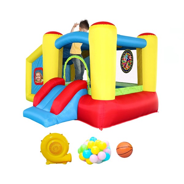 WELLFUNTIME Inflatable Bounce House with Blower, Jumping Castle Slide, Kids Bouncer with Ball Pit, Basketball Rim, Dart Target Game