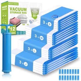 Bestash Vacuum Bags for Clothes, Duvets, Pack of 12 + Hand Air Pump, Vacuum Bags for Clothing, Travel with Pump for Travel and Clothes Storage & Organisation