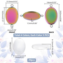PH PandaHall 40Pcs 304 Stainless Steel Oval Bezel Pendant Trays 20Pcs 4 Colors Pendant Blanks Settings, 20pcs 18x13mm Glass Cabochons Dome for Wedding Graduation Photo Charm Jewellery Making