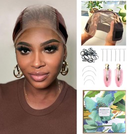 Lace Wig Cap with Grip Band for Keeping Wigs In Place, 4x5 Wider Transparent Lace for Glueless Wig, Adjustable Grip Cap with Velcro Headband Brown Color