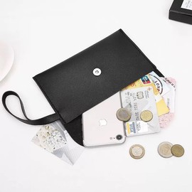 Leather Envelope Clutch Wristlet Wallet with Magnetic Snap, Black, Multi-Purpose Storage for Cards, Phone and Makeup Brushes