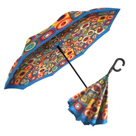 RainCaper Kandinsky Circles Reverse Inverted (inside-out) Windproof Museum Reverse-opening Upside Down Umbrella with C-shaped Handsfree Handle