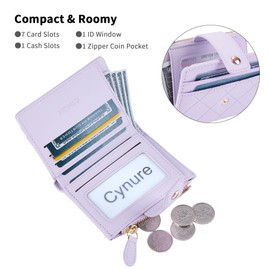 Cynure Women's Cute Leather Card Holder Small Compact Bifold Wallet with Zip Coin Pocket,Light Purple