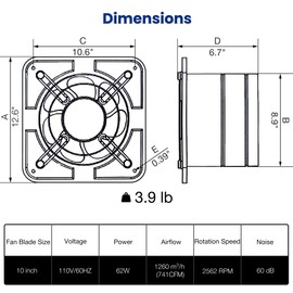 Fanspex 10" Exhaust Fan for Kitchen, Wall Mount Household Ventilation Fans for Workshop Attic Garage Shed Greenhouse Barn, 62W Low Consumption, High Velocity 1260 m³/h (741 CFM) Air-volume