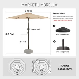 wikiwiki 9 FT Patio Umbrellas Outdoor Table Market Umbrella with Push Button Tilt/Crank, 8 Sturdy Ribs, Fade Resistant Waterproof POLYESTER DTY Canopy for Garden, Lawn, Deck, Backyard & Pool,Beige