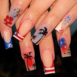 Independence Day Press on Nails French Tip Fake Nails with Designs American Flag Glue on Fingernails Medium Square Artificial Nails Summer Flower Acrylic False Nails for Women