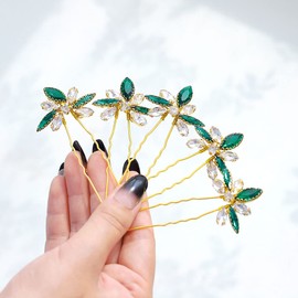 Flayem Wedding Bridal Rhinestone Hair Pins Green Crystal Leaf Hair Accessories (5 Pieces) (B)