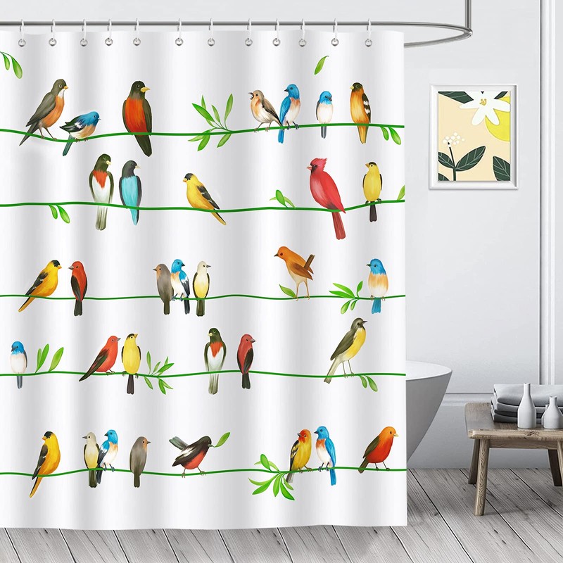Bonhause Bird Shower Curtain, Colorful Birds on Tree Branch Bathroom