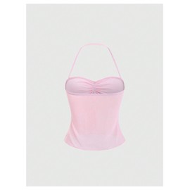 SHENHE Women's Layered Ruffle Top Ruched Backless Babydoll Peplum Tank Cute Summer Top Pink Medium