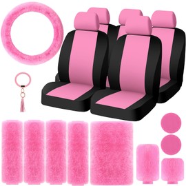 Riakrum 20 Pcs Car Seat Covers Full Set Car Accessories Set Includes Car Seat Protectors Fluffy Steering Wheel Cover Seat Belt Shoulder Pads Handbrake Gear Cover Armrest Pad for Women Girls (Pink)