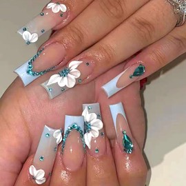 Long Press on Nails Coffin Fake Nails Blue French Tip False Nails with Designs 3D Flower Glue on Nails Bling Rhinestones Artificial Nails Full Cover Glossy Acrylic Stick on Nails for Women 24Pcs