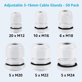 50 Pack Waterproof Cable Glands Adjustable 3-16mm Cable Connectors M12 M16 M18 M20 M22 M24 Plastic Cable Glands Connectors with Locknut and Washer - AVARTEK (White)