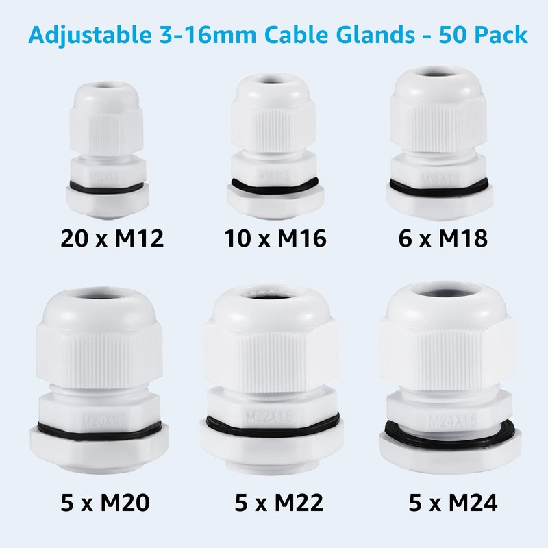 50 Pack Waterproof Cable Glands Adjustable 3-16mm Cable Connectors M12