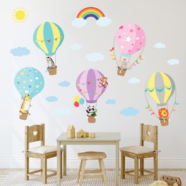 BASHOM BS-001 Animals in Hot Air Balloons Kids Wall Stickers Elephant Giraffe Panda Decals Removable for Baby Nursery Bedroom Living Room Playroom
