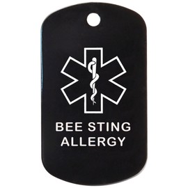 Bee Sting Allergy Medical Alert ID Necklace with Black Tag, Yellow Silencer, and 30'' USA Chain - 154 Color Choices