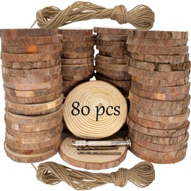 Unfinished Natural Wooden Slices 80 Pcs 3.2-4 Inch Wood Circles for Crafts DIY Christmas Ornament Craft Wood Kit with Bit,Blank Round Wood Slice with Bark for Art,Painting,Party (80)