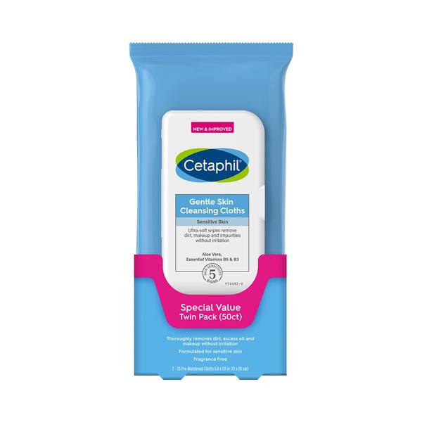 Cetaphil Face and Body Wipes, Gentle Skin Cleansing Cloths, 50 Count, Twin Pack, for Dry, Sensitive Skin, Flip Top Closure, Great for the Gym,Travel, in the Car, Hypoallergenic, Fragrance Free