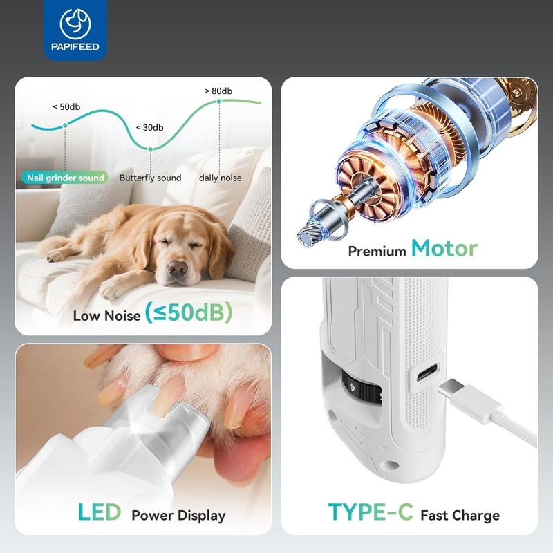 PAPIFEED Dog Nail Grinder, Pet Nail Grinder with 6 Speeds