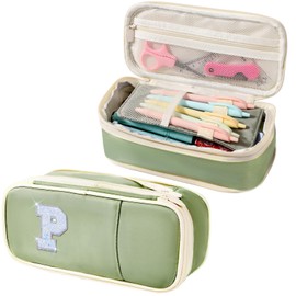Preppy Pencil Case for School Supplies, Initial Large Pink Pencil Case Organizer with Zipper, Cute Pencil Bag Holder for Office, Ideal Birthday Gift for Kids,8,9,10 Years Old Girls, Adults--Green P
