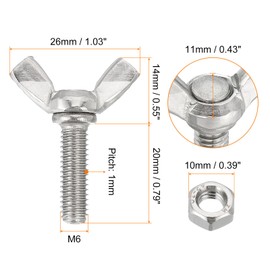 Sourcing Map 10pcs M6-1x20mm Wing Butterfly Screws Bolts with 10pcs Nuts, 304 Stainless Steel
