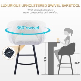 Zesthouse Swivel Counter Height Stool, Modern Single Bar Stool for Kitchen Island, 26'' White Sherpa Kitchen Counter Height Chair with Barrel Arms & Back, Upholstered Fabric Bar Chairs with Metal Legs