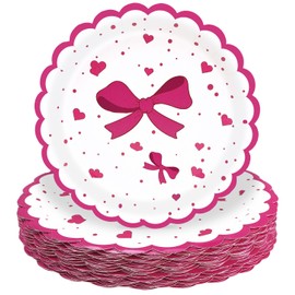 HEIPINIUYE 50 Pieces Hot Pink Bow Paper Plates 7 Inch Hot Pink Scalloped Plates Disposable Dinner Plates for Wedding Baby Shower Birthday Party