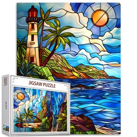 Jigsaw Puzzles 1000 Pieces for Adults-Lighthouse Glass Style Seaside Puzzle-Challenging Puzzle Perfect for Game Nights-DIY Home Wall Decor-Art Puzzles Colorful Stained Glass Lighthouse 27" x 20"