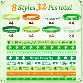 St. Patrick's Day Party Favors - 32 Pcs Silicone Rubber Bracelets, Lucky Four Leaf Clover Shamrock Wristbands for Irish Festival Supplies, St Patty's Day Decorations Accessories Goodie Bag Stuffers