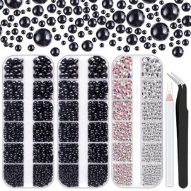 4000PCS Flatback Rhinestones and Half Round Pearls Kit #12, Multi Size Glass Clear & AB Crystals, Plastic Flat Back Black Dome Bead with Pickup Pencil and Tweezer for Nail Art