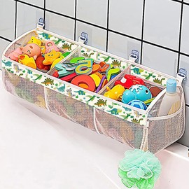 GIEEU Bath Toy Storage Net,Mesh Baby Bath Toy Organiser,Bath Toy Hanging Organizer Bag with 3 Compartment Large Openings, 2 Side Pocket and 4 Strong Suction Hooks