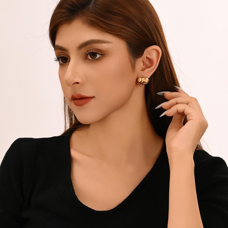 18K Gold Plated Heart Stud Earrings for Women, Chunky Heart