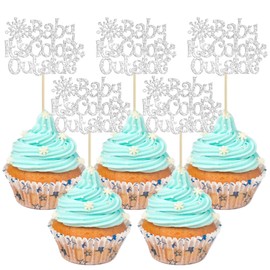 24 piezas de adornos de copos de nieve para cupcakes con purpurina para invierno, para el país de las maravillas del invierno, baby shower, cumpleaños, fiesta, decoración de pasteles, color plateado
