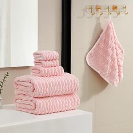 NAWIAOI 40x80 Inches Oversized Bath Sheets Extra Large Bath Towels Set of 6 for Adults Super Soft Quick Dry Light Weight Lint Free Absorbent Stripe Hanging Loop Microfiber Shower Towels (Pink, 6pcs)