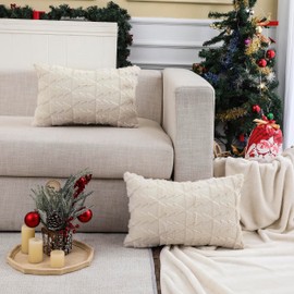 Set of 2 Beige Christmas Throw Pillow Cover 12 x 20 inch Multiple Christmas Tree Pillow case Soft Fur Fuzzy Cute Decor Pillowcase for Winter Holiday Cushion Case