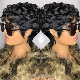 Flandi Human Hair Short Pixie Cut Wigs For Black Women, Glueless, Pre-Plucked, Curly With Bangs, Size 22.25 inches, Color 1B#