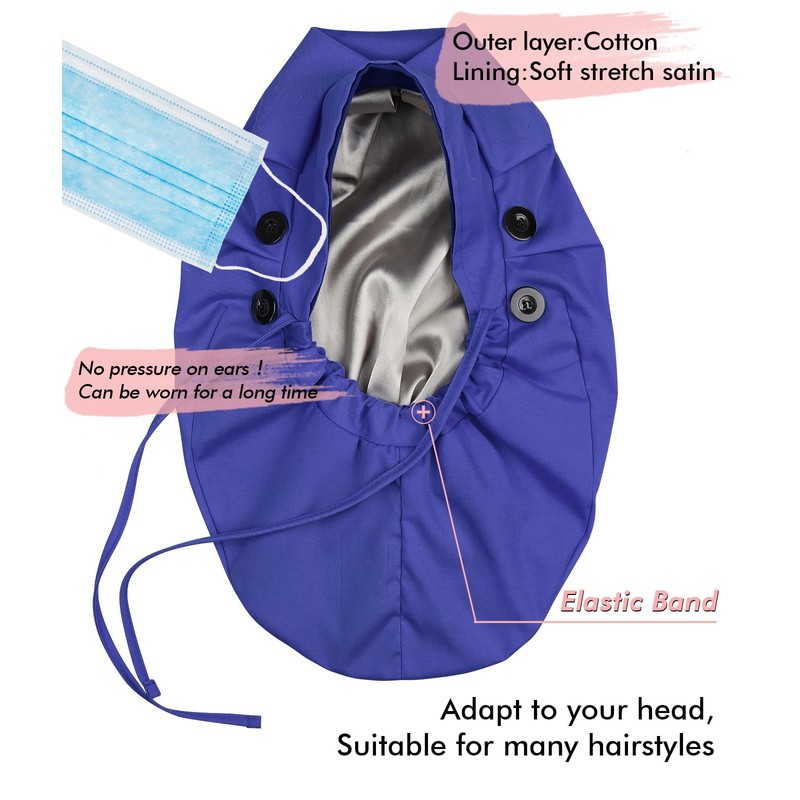 Satin Lined Work Cap with Button for Long Hair Women,