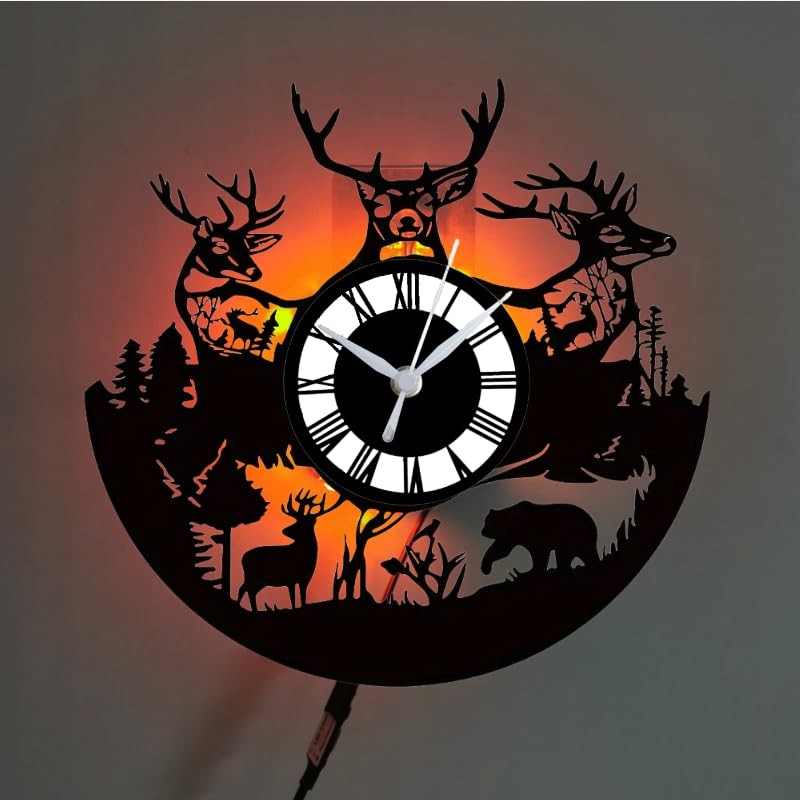Deer and Bear Scene Wall Clock, Remote Control, 12 Inches