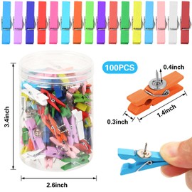 SANNIX 100Pcs Wooden Push Pin Clips,Wooden Clips with Thumb Tacks for Bulletin Board Cork Board Decorations and School Office Craft Photo Note Calendar Crafts Arts Projects Photo Supplies(Multicolor)