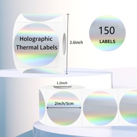 Wenrescry Pack of 150 Holographic Silver Thermal Labels, 50 x 50 mm, Round Stickers for DIY Logo, QR Code and Name Plate, Waterproof, Oil Resistant, Durable