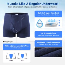 Men's Incontinence Underwear 3PCS Incontinence Boxer Briefs Absorption Protection Washable Incontinence Underwear for Men Leak Proof Underwear with Front & Rear Absorbent Area 200ML (Blue, Medium)