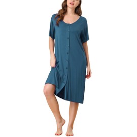 cheibear Womens Modal Nightshirt Soft Button Down Nightgown Short Sleeve Pajama Sleepshirt Blue L