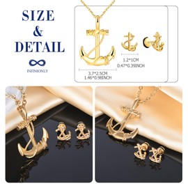 INFINIONLY Men's Stainless Steel Anchor Necklace Earrings Jewellery Sets Vintage Anchor Pendants Fashion Anchor Studs for Teenagers Boys, Gold