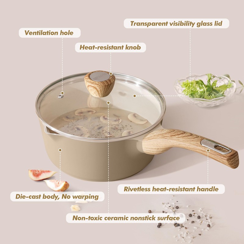 Ceramic Nonstick Sauce Pan with Lid, 1.5 Quart Small Saucepan,