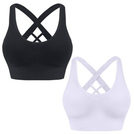 HANERDUN Women's Mittle Support Sports Bra Crossback Push Up Yoga Bra Seamless Without Underwire with Removable Padded for Fitness Running Jogging, 2 Pieces (Black + White)