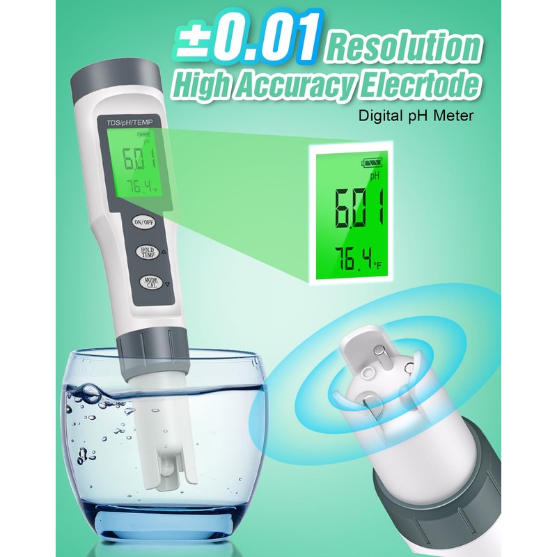 Digital pH Meter with TDS and Temperature Display, LCD Screen,