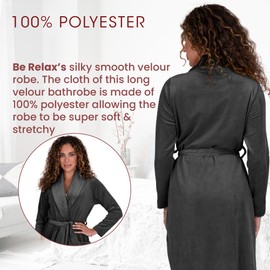 Be Relax Grey Velour Bathrobe for Women-Kimono Style Made of Polyester & Spandex-Soft & Stretchable Robe with Belt & Side Pockets